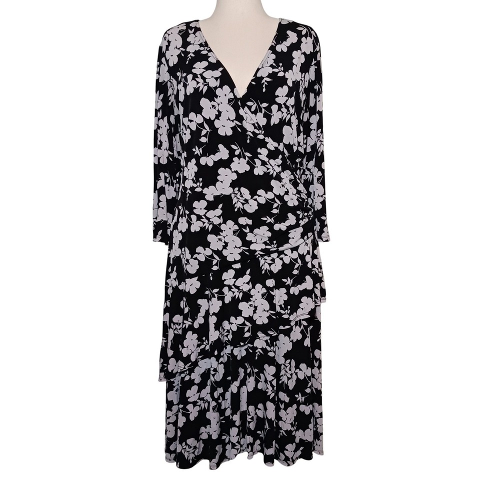Signature by Robbie Bee‎ Floral Print Surplice Midi Dress Tiered Drop Waist 1X